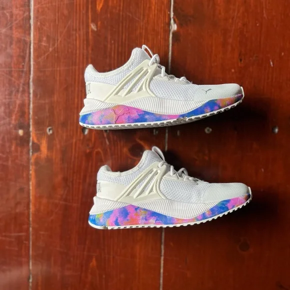 Puma white sneakers pink and purple swirl on the bottom size 11 little girls - Picture 5 of 9